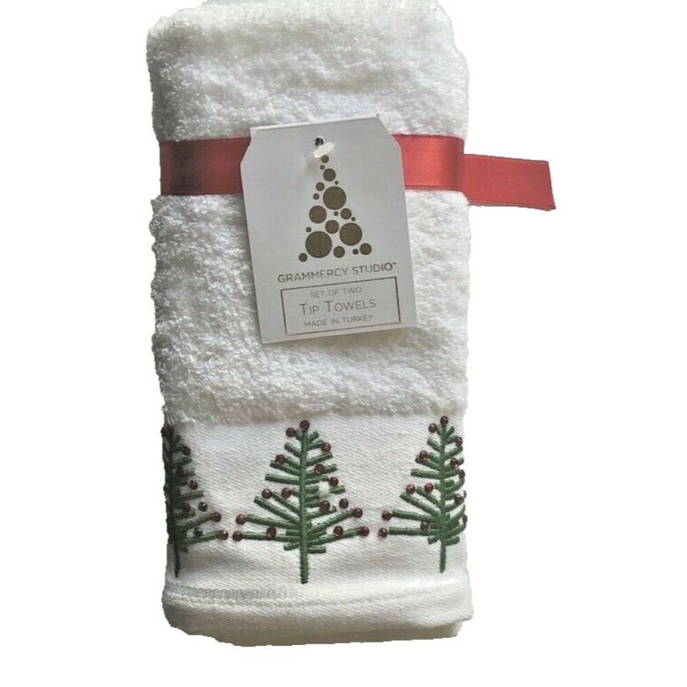 Christmas Tree Rhinestone Fingertip Towels Embellished Embroidered Set of 2